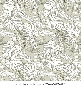 Tropical Plants Background. Tropical Seamless Pattern Trendy graphics. Tropical Flowers and Leaves Line Art. Tropical flowers seamless pattern 