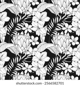 Tropical Plants Background. Tropical Seamless Pattern Trendy graphics. Tropical Flowers and Leaves Line Art. Tropical flowers seamless pattern 