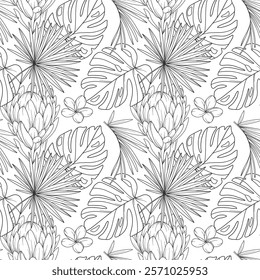 Tropical Plants Background. Tropical Seamless Pattern Trendy graphics. Tropical Flowers and Leaves Line Art. Tropical flowers seamless pattern 