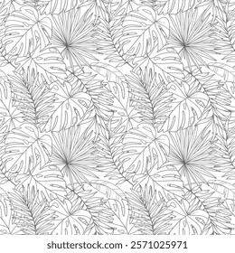 Tropical Plants Background. Tropical Seamless Pattern Trendy graphics. Tropical Flowers and Leaves Line Art. Tropical flowers seamless pattern 