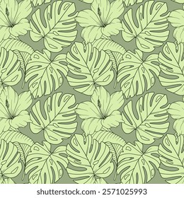 Tropical Plants Background. Tropical Seamless Pattern Trendy graphics. Tropical Flowers and Leaves Line Art. Tropical flowers seamless pattern 