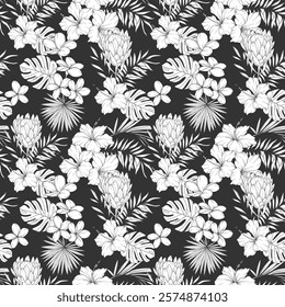 Tropical Plants Background. Tropical Seamless Pattern Trendy graphics. Tropical Flowers and Leaves Line Art. Tropical flowers seamless pattern 