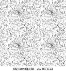 Tropical Plants Background. Tropical Seamless Pattern Trendy graphics. Tropical Flowers and Leaves Line Art. Tropical flowers seamless pattern 