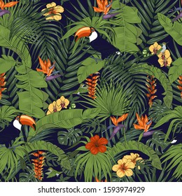 Tropical plants and birds, toucans among tropical palms, seamless vector illustration