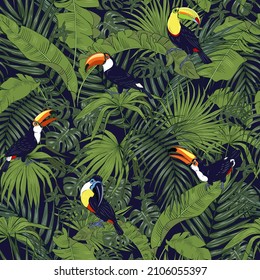 Plantas y aves tropicales, tocanes entre palmeras tropicales, ilustración vectorial sin fisuras