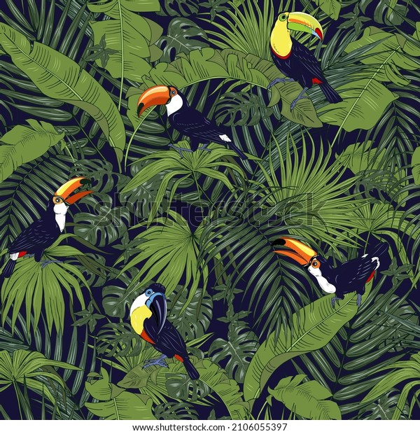 Tropical plants and birds, toucans among\
tropical palms, seamless vector\
illustration