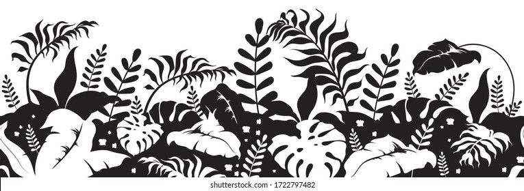 Tropical plants black silhouette seamless border. Jungle vegetation landscape monochrome vector illustration. Palm tree leaves decorative ornament design. Botanical repeating pattern