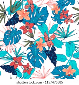 Tropical plants blue green orange leaves flowers palms of a monster orchid pattern on a white background