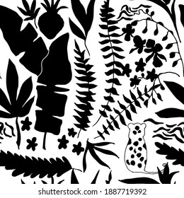 Tropical plants, cheetah. Seamless pattern. Vector illustration,black silhouette.