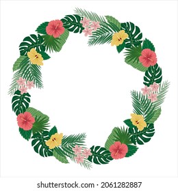 Tropical plants circular design template. Hibiscus, plumeria, monstera, banana leaves and palm leaves on white background.