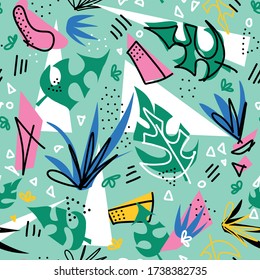 Tropical plants collage seamless vector pattern. Geometric shapes and monstera palm leaves repeating background. Contemporary papercut style design. Abstract summer pattern for fabric, summer decor