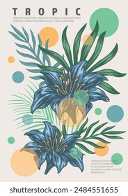 Tropical plants colorful vintage poster with exotic flowers and petals for pages of books about nature vector illustration