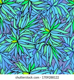 Tropical plants create a seamless pattern, bright colors, blue and green leaves.