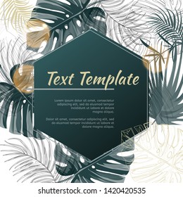 Tropical plants design template with frame. Vector illustration with palm leaves and monstera.