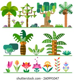 Tropical plants. Different types of trees, flowers, bushes. Vector flat  illustrations