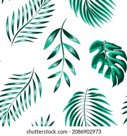 tropical plants elements seamless pattern illustration with blue monochromatic color style monstera palm leaves and foliage on white background. vector design. Exotic tropics. Summer themed design. 