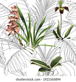 Tropical plants, exotic orchid flowers and leaves. Seamless tropical pattern, vintage background. Backdrop with palm  line leaves and flowers.