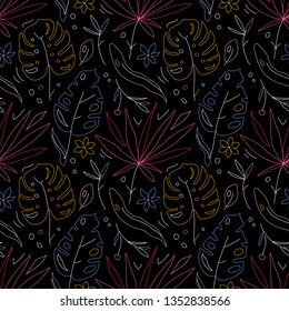 Tropical plants flat hand drawn seamless pattern. Natural cartoon texture. Organic botanical scandinavian illustration. Doodle sketch color clipart. Bright summer textile print, background vector fill
