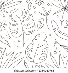 Tropical plants flat hand drawn seamless pattern. Natural cartoon texture. Organic botanical scandinavian illustrations. Doodle sketch cliparts. Black and white summer textile, background vector fill