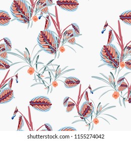 Tropical plants and flower seamless pattern . Bush plant leaves decoration on white background. Colorful exotic forest wallpaper.
