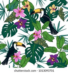 Tropical plants, flowers and birds seamless pattern on a white background. Vector illustration.
