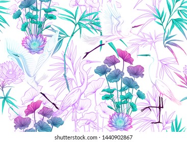 Tropical plants and flowers and birds. Seamless pattern, background. Colored and outline design. Vector illustration in neon, fluorescent colors. Isolated on white background.	