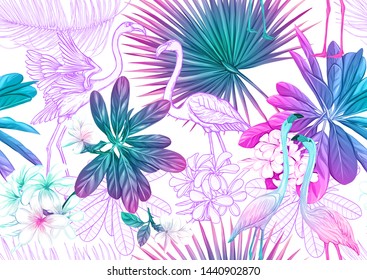 Tropical plants and flowers and birds. Seamless pattern, background. Colored and outline design. Vector illustration in neon, fluorescent colors. Isolated on white background.	