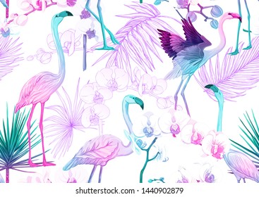 Tropical plants and flowers and birds. Seamless pattern, background. Colored and outline design. Vector illustration in neon, fluorescent colors. Isolated on white background.	