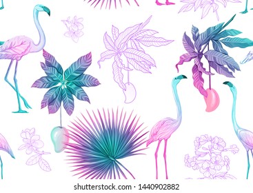 Tropical plants and flowers and birds. Seamless pattern, background. Colored and outline design. Vector illustration in neon, fluorescent colors. Isolated on white background.	