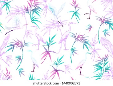Tropical plants and flowers and birds. Seamless pattern, background. Colored and outline design. Vector illustration in neon, fluorescent colors. Isolated on white background.	