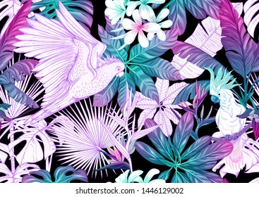 Tropical plants and flowers and birds. Seamless pattern, background. Colored and outline design. Vector illustration in neon, fluorescent colors. Isolated on black background.	