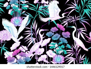 Tropical plants and flowers and birds. Seamless pattern, background. Colored and outline design. Vector illustration in neon, fluorescent colors. Isolated on black background.	