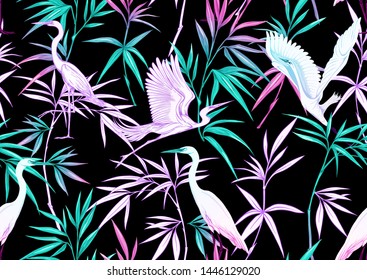 Tropical plants and flowers and birds. Seamless pattern, background. Colored and outline design. Vector illustration in neon, fluorescent colors. Isolated on black background.	