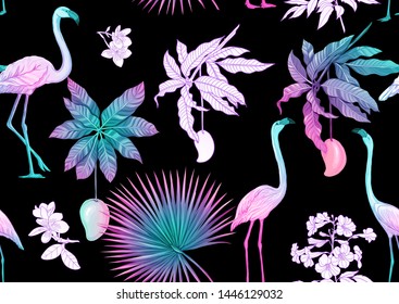 Tropical plants and flowers and birds. Seamless pattern, background. Colored and outline design. Vector illustration in neon, fluorescent colors. Isolated on black background.	