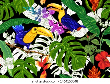 Tropical plants and flowers and birds. Seamless pattern, background. Colored and outline design. Vector illustration. Isolated on black background.	