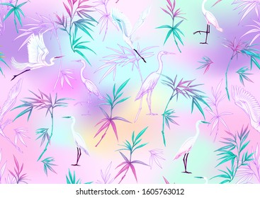 Tropical plants and flowers and birds. Seamless pattern, background. Colored and outline design. Vector illustration in neon, fluorescent colors on mesh background..