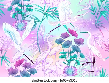 Tropical plants and flowers and birds. Seamless pattern, background. Colored and outline design. Vector illustration in neon, fluorescent colors on mesh background..