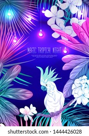 Tropical plants, flowers and birds. Template for night tropical party invitation, greeting card, banner, gift voucher, label. Colored vector illustration in neon, fluorescent colors.	