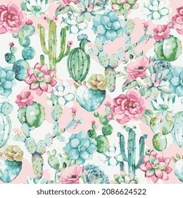 TROPICAL PLANTS AND FLOWERS CACTUS SEAMLESS PATTERN ALL OVER PRINT  VECTOR ILLUSTRATION