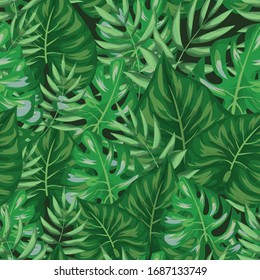 Tropical plants and flowers. Green leaves on a green background. Seamless pattern. Isolated vector illustration.