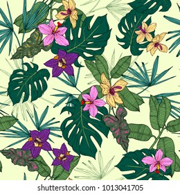 Tropical plants, flowers and leaves seamless pattern on a yellow background. Vector illustration.