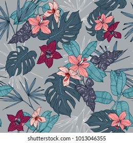 Tropical plants, flowers and leaves seamless pattern on a grey background. Vector illustration.