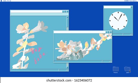 Tropical plants and flowers on pastel green-blue windows with Hey babe message, nostalgic minimal vintage - retro vibe / OS system desktop with folder icon and mouse pointer