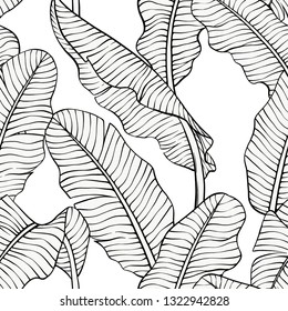 Tropical plants and flowers seamless pattern. Jungle foliage illustration. sketch style exotic plants. Summer beach floral design. Paradise nature. Line art, ink, vintage