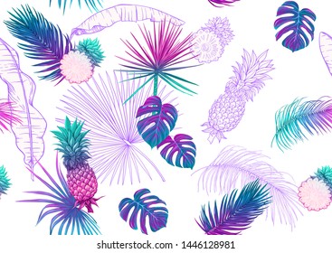 Tropical plants and flowers. Seamless pattern, background. Colored and outline design. Vector illustration in neon, fluorescent colors. Isolated on white background.	