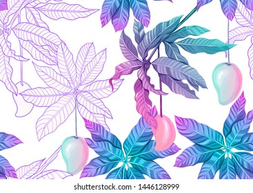 Tropical plants and flowers. Seamless pattern, background. Colored and outline design. Vector illustration in neon, fluorescent colors. Isolated on white background.	