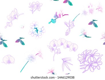Tropical plants and flowers. Seamless pattern, background. Colored and outline design. Vector illustration in neon, fluorescent colors. Isolated on white background.	
