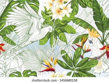 Tropical plants and flowers. Seamless pattern, background. Colored and outline design. Vector illustration. On sky blue background.