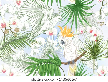 Tropical plants and flowers. Seamless pattern, background. Colored and outline design. Vector illustration. On sky blue background.