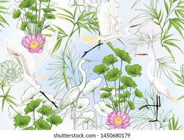 Tropical plants and flowers. Seamless pattern, background. Colored and outline design. Vector illustration. On sky blue background.